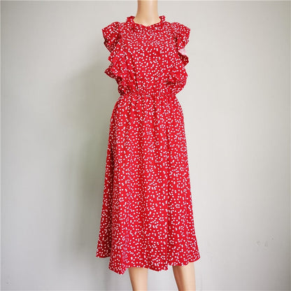 Summer Ladies Elegant Dot Print Chic Dress Women Butterfly Sleeve Ruffles Medium Long Chiffon Dress