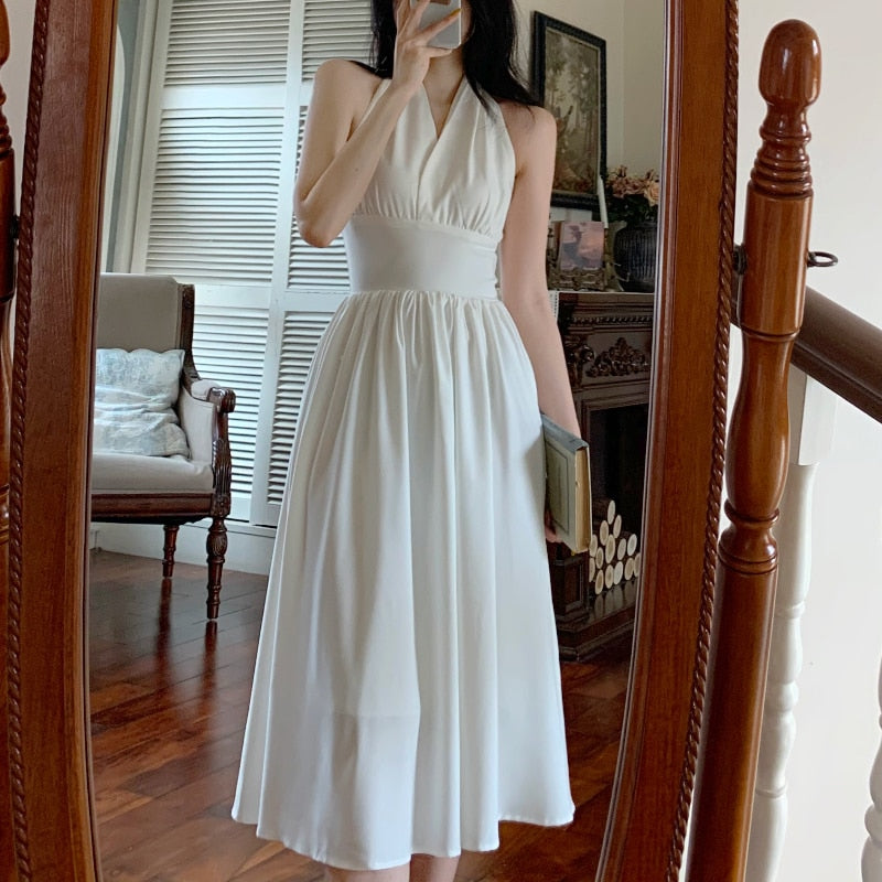 White Elegant Halter Dress Women Sexy Backless Korean Party Midi Dress Female Sleeveless V-neck Vintage Dresses for Women