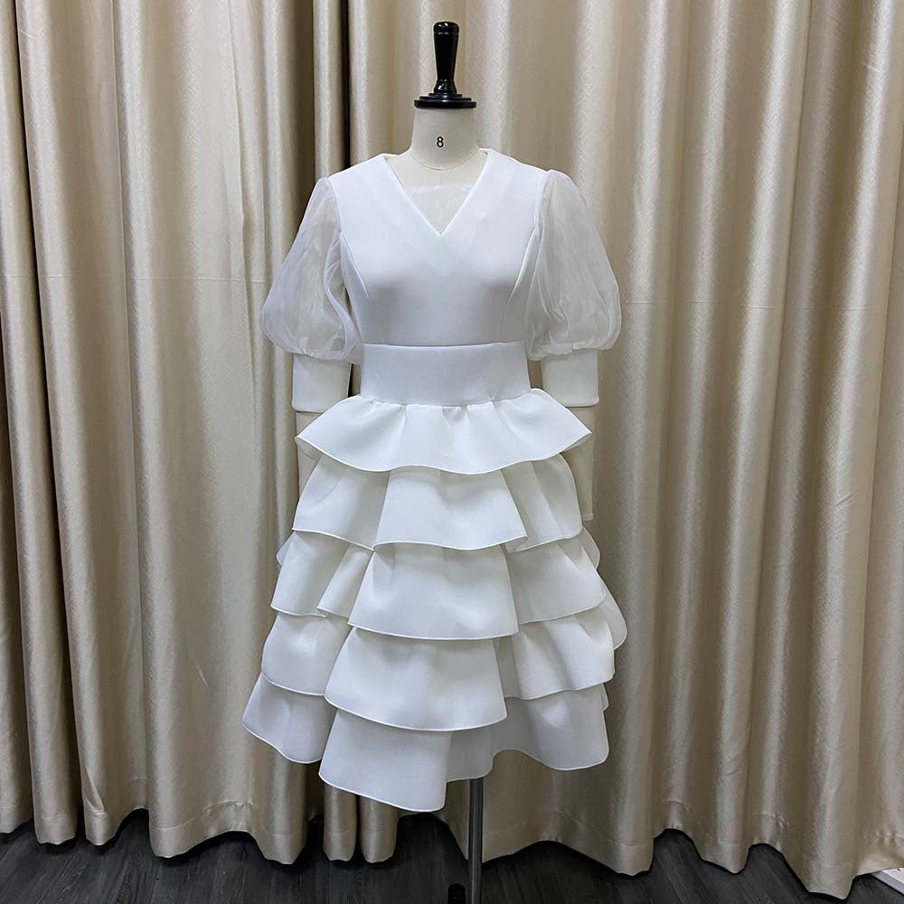 Women White Cake Dresses  Bubble Lantern Sleeves Patchwork Party Fashion Lovely Celebrate Occasion Event Lolita Female Robes New dingdamall mid size graduation outfit romantic style teen swag clean girl ideas 90s latina aesthetic