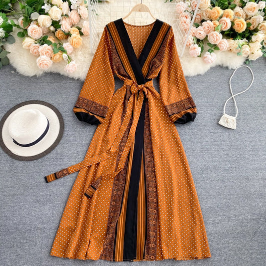 Spring Autumn Women Printed Long Dress Vintage Puff Long Sleeve High Waist A-Line Vestidos Female  New Fashion Beach Robe