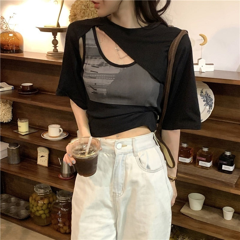 Y2k Crop Tops Ladies Korean Blouse Woman New Collection Summer Short Sleeve Short Tshirts Elegant Korean Style 2 Piece Set