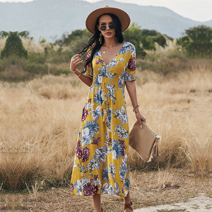 Spring Summer Long Floral Bandage Dress Women Sexy V Neck Slim High Waist Ladies A Line Print Maxi Dresses