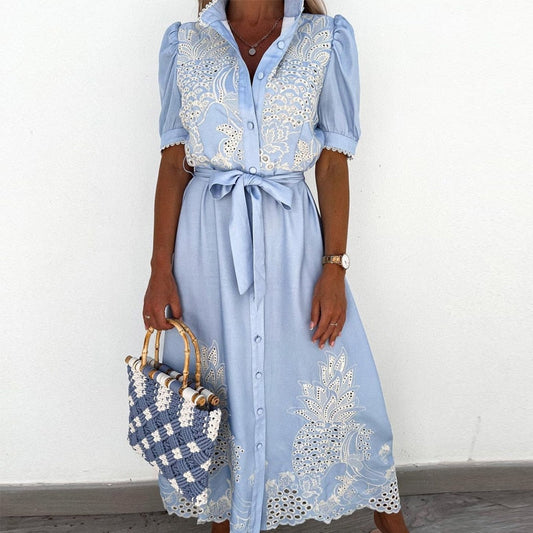 Spring Embroidery Flower Lace Maxi Dress Women Stand Collar Button Long Shirt Dress Summer Puff Sleeve Spliced Party Dress Belt