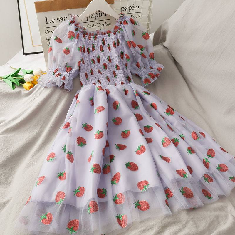 Strawberry Dress Women French Style Lace Chiffon Sweet Dress Casual Puff Sleeve Elegant Printed Kawaii Dress Women