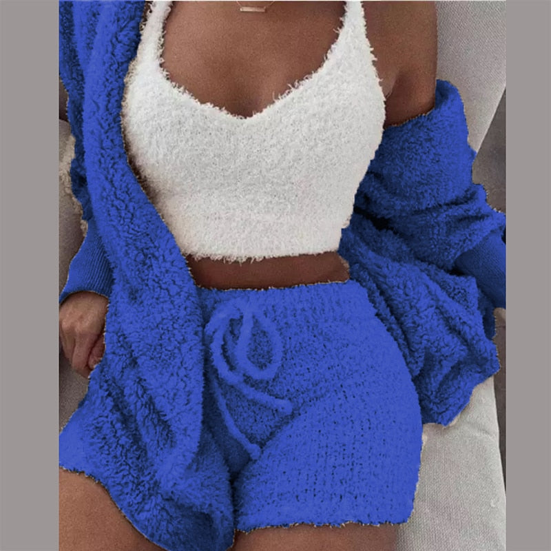 Three Piece Sexy Fluffy Outfits Plush Velvet Hooded Cardigan Coat+Shorts+Crop Top Women Tracksuit Sets Casual Sports Sweatshirt