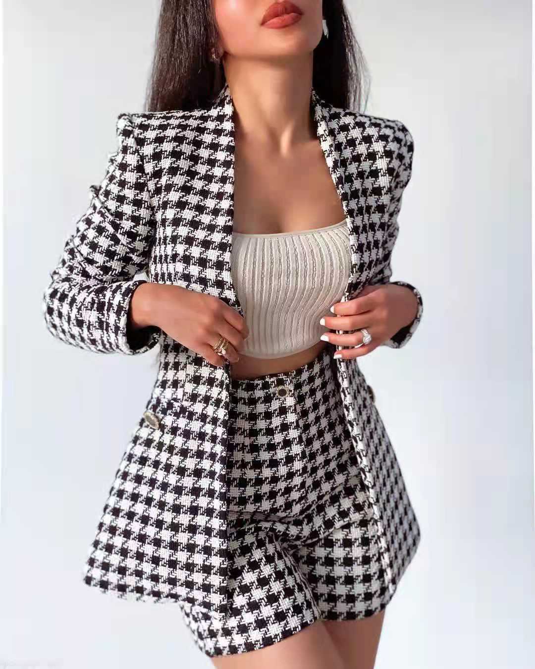 Tweed Two pieces set Women Vintage V Neck Long Sleeve Office Lady slim Blazer Coat Female Hight Waist Shorts suit