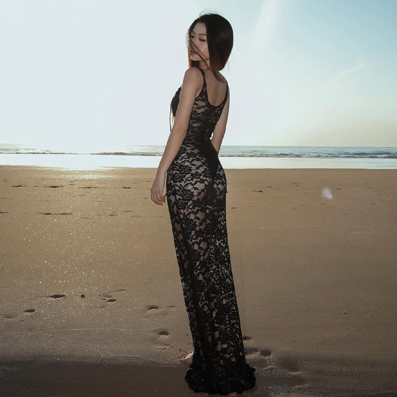 cross-border new women's fashion one-shoulder sexy perspective lace slim suspender dress female