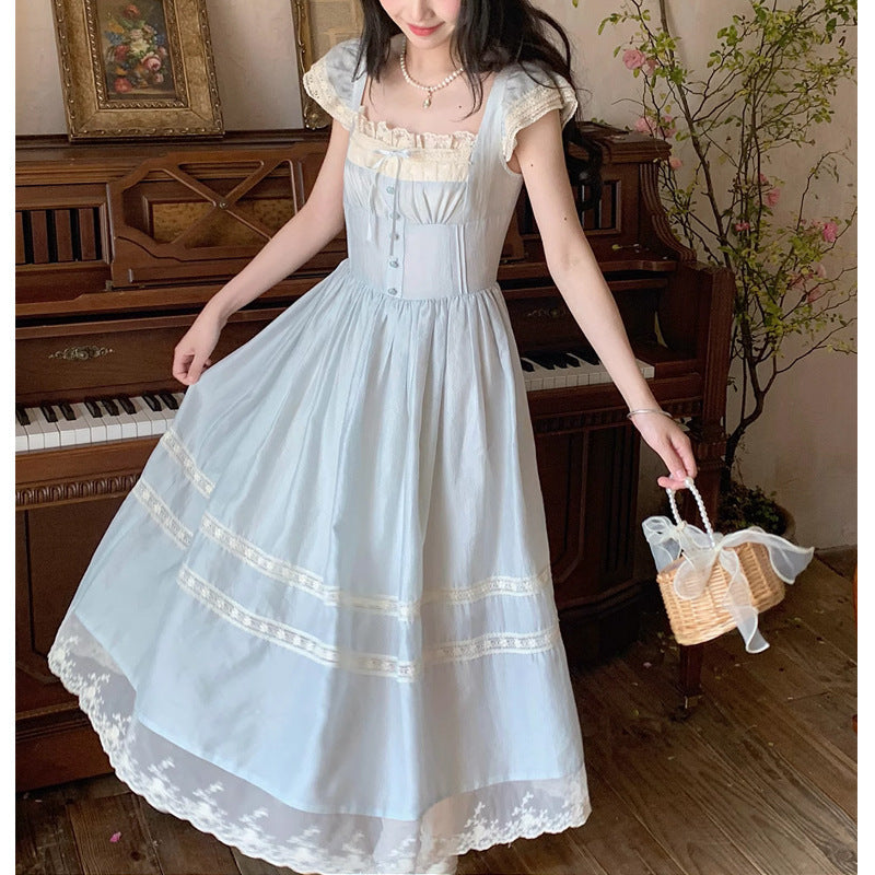 dingdamall pop culture dress to impress Summer New French Retro Fairy Small Flying Sleeve Lace Bow Blue One-Piece Dress for Women