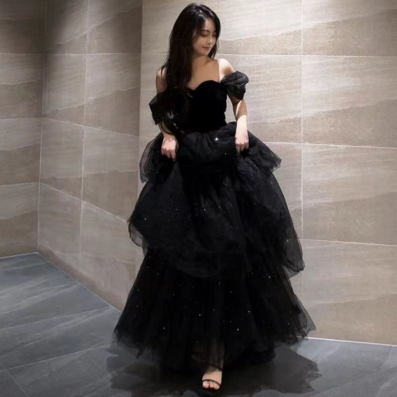 dingdamall prom dresses Black Evening Dress New Light Luxury Niche High-End off-Shoulder Adult Ceremony Birthday Graduation Princess Dress