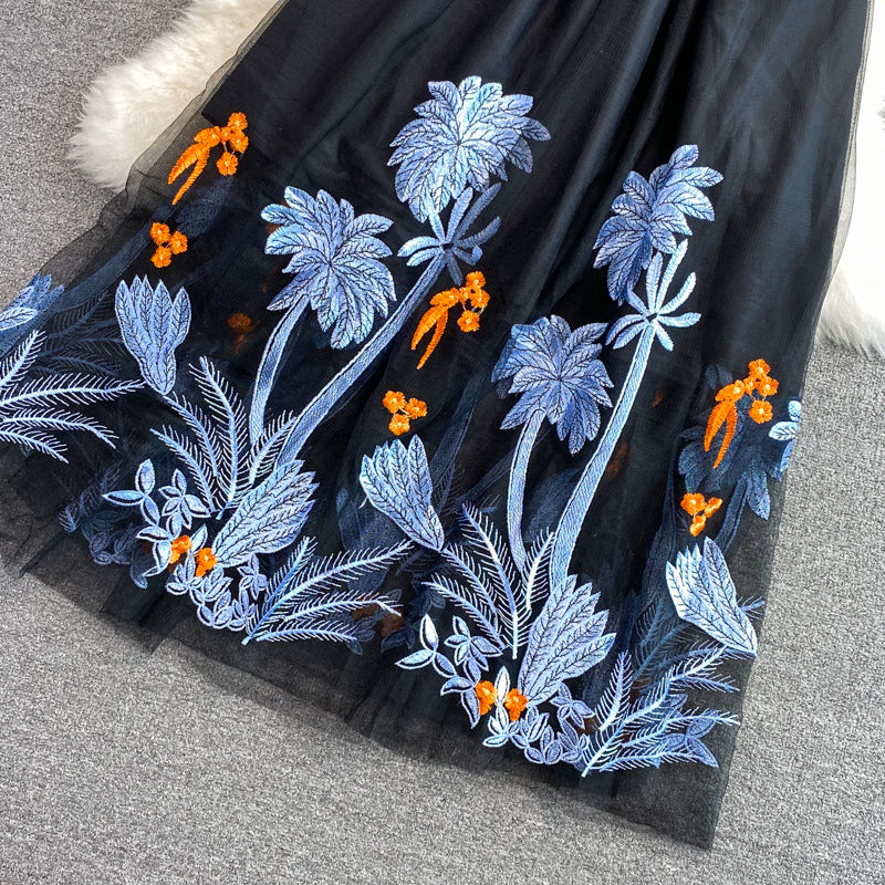 Autumn Spring Blue Knit Tops and Embroidery A-line Midi Skirt Two piece Sets Women Runway Design Fashion Knit Set Suit M69511