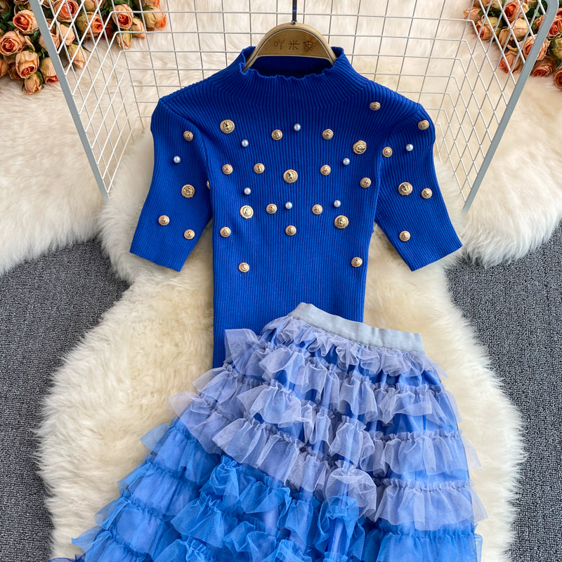 Autumn Winter Christmas Two Piece Knitted Sets Beading Stand Collar Short Sleeve Top + Ball Gown Skirt Woman Sets Suits M69521