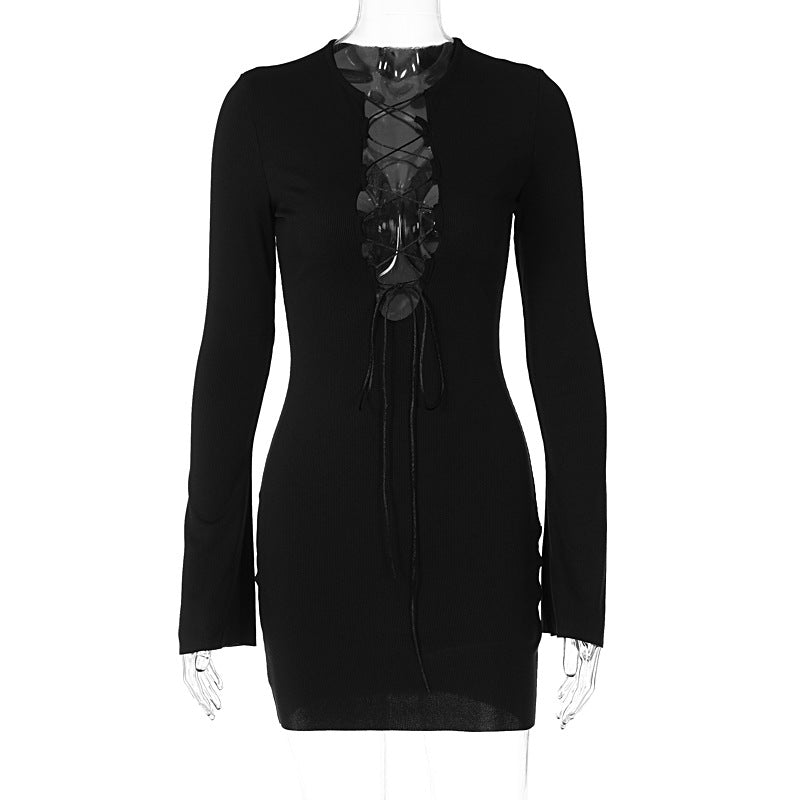 summer women's clothing new fashion solid color lace sexy slim lace flared long sleeve dress female