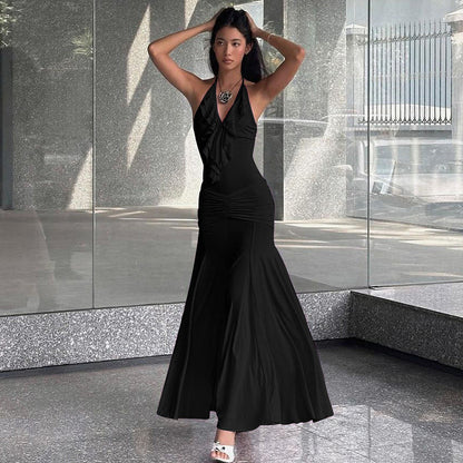 women's clothing summer new  solid color slim high waist fashion halter neck sexy backless dress female