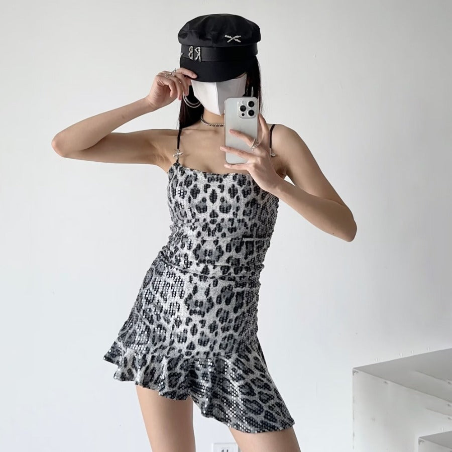 dingdamall outfit inspo Summer New Leopard Print Hot Girl Sexy Sequined Hip Irregular Hem Sling Dress