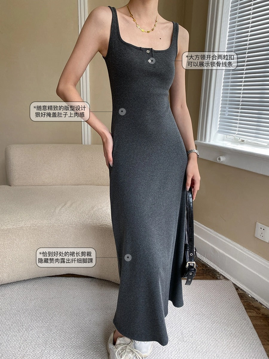 Supermodel Daily Style Two-Button Square Neck High Weight Textured Slim Fit Dress