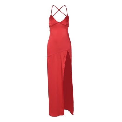 women's clothing spring and summer new fashion sexy v-neck sling slit mid-length evening dress dress for women