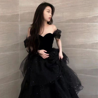 dingdamall prom dresses Black Evening Dress New Light Luxury Niche High-End off-Shoulder Adult Ceremony Birthday Graduation Princess Dress