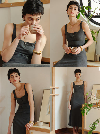 Supermodel Daily Style Two-Button Square Neck High Weight Textured Slim Fit Dress