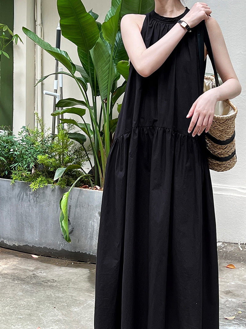 Relaxed lazy sleeveless halter dress summer temperament large swing off-shoulder suspender dress