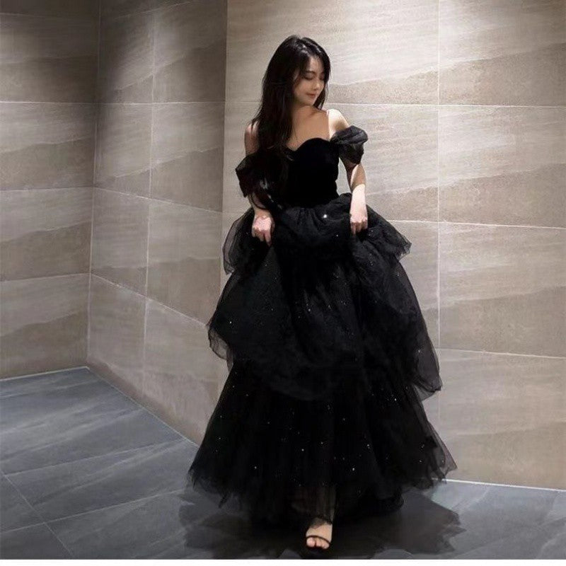 dingdamall prom dresses Black Evening Dress New Light Luxury Niche High-End off-Shoulder Adult Ceremony Birthday Graduation Princess Dress