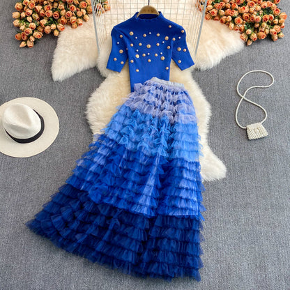 Autumn Winter Christmas Two Piece Knitted Sets Beading Stand Collar Short Sleeve Top + Ball Gown Skirt Woman Sets Suits M69521