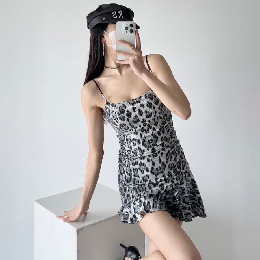 dingdamall outfit inspo Summer New Leopard Print Hot Girl Sexy Sequined Hip Irregular Hem Sling Dress