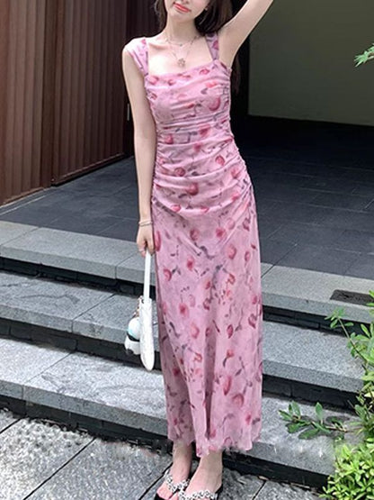 Pink sling floral dress for women summer  new long style slim fit waist long dress