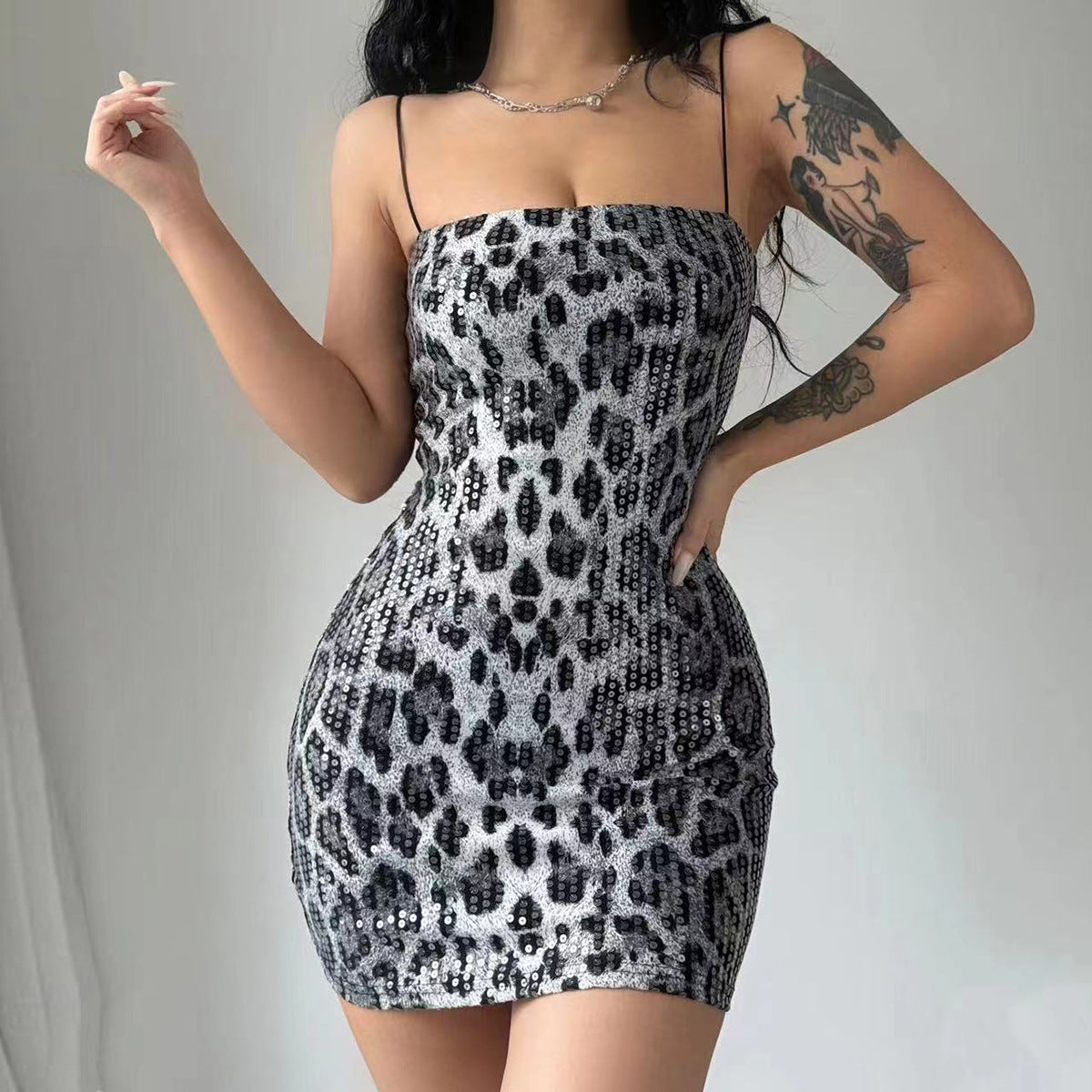 dingdamall outfit inspo Sexy Hot New Fashion Leopard Print Street Style Nightclub All-Match Strap Sequin Dress Women's Clothing