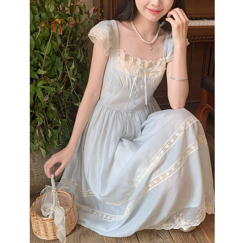 dingdamall pop culture dress to impress Summer New French Retro Fairy Small Flying Sleeve Lace Bow Blue One-Piece Dress for Women