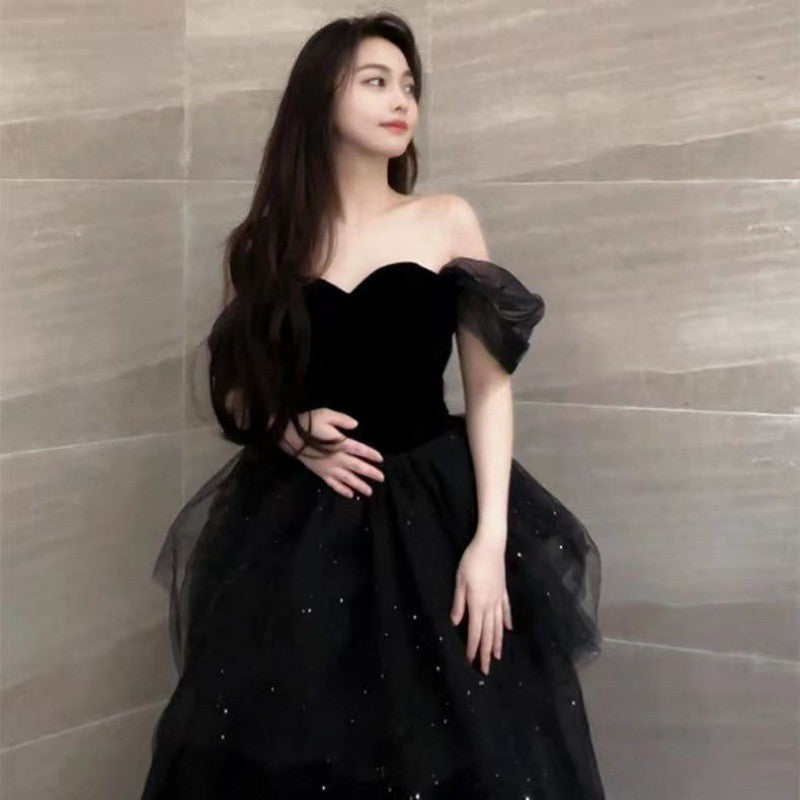 dingdamall prom dresses Black Evening Dress New Light Luxury Niche High-End off-Shoulder Adult Ceremony Birthday Graduation Princess Dress