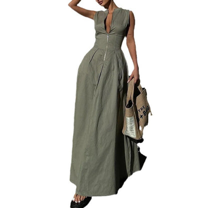 dingdamall 2000s fashion New Fashion Ladies Fashion Casual Sleeveless Solid Color Waist Dress