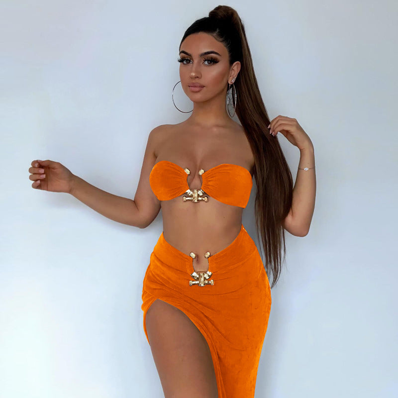 women's clothing spring and summer new sexy navel-baring splicing tube top light mature slit hip skirt suit female