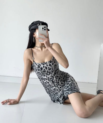 dingdamall outfit inspo Summer New Leopard Print Hot Girl Sexy Sequined Hip Irregular Hem Sling Dress