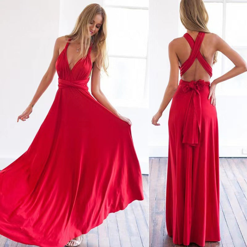 pure color various wearing methods sexy strappy red dress long dress bridesmaid dress