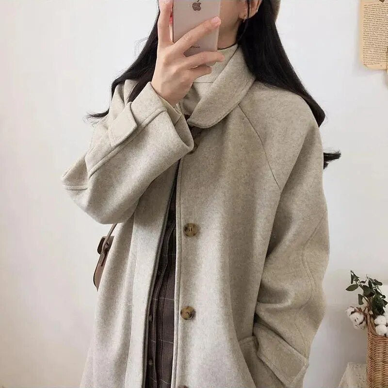 Autumn Winter Women Faux Woolen Coat Fashion Korean Oversized Midi Thicke Jacket Harajuku Solid Elegant All Match Blends Outwear