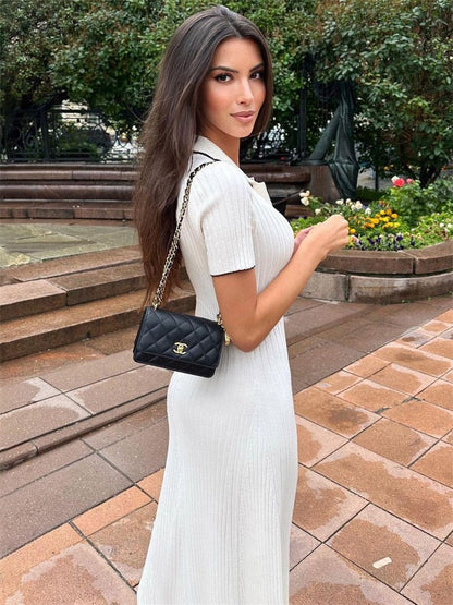 White Knit Fashion Maxi Dress Women Short Sleeve Patchwork Elegant Party Dress Knitwear Lapel High Street Women's Dress