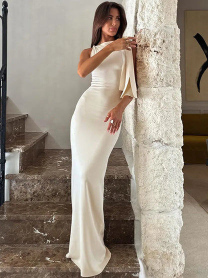 Diagonal Collar Sleeveless Sexy Maxi Dress For Women Fashion Off-shoulder Sleeveless Bodycon Long Dress Elegant