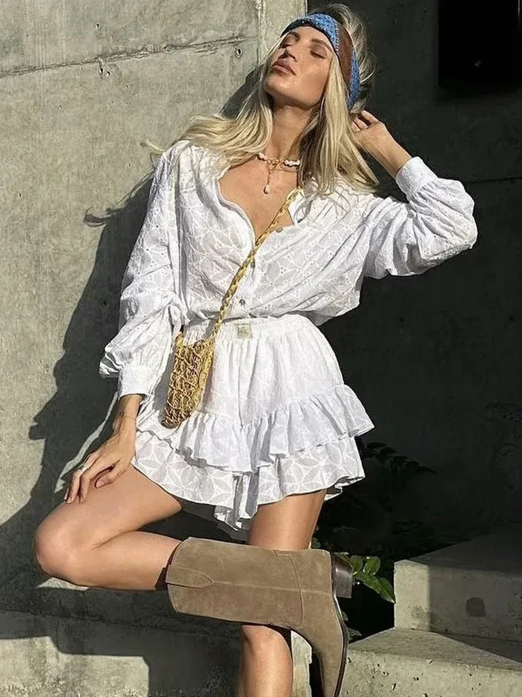 dingdamall  -  Solid White Cotton Lace Shorts Set Women Spring Summer Outfits Beach Holiday Lace Vintage 2pcs Shirt+shorts Set 2024