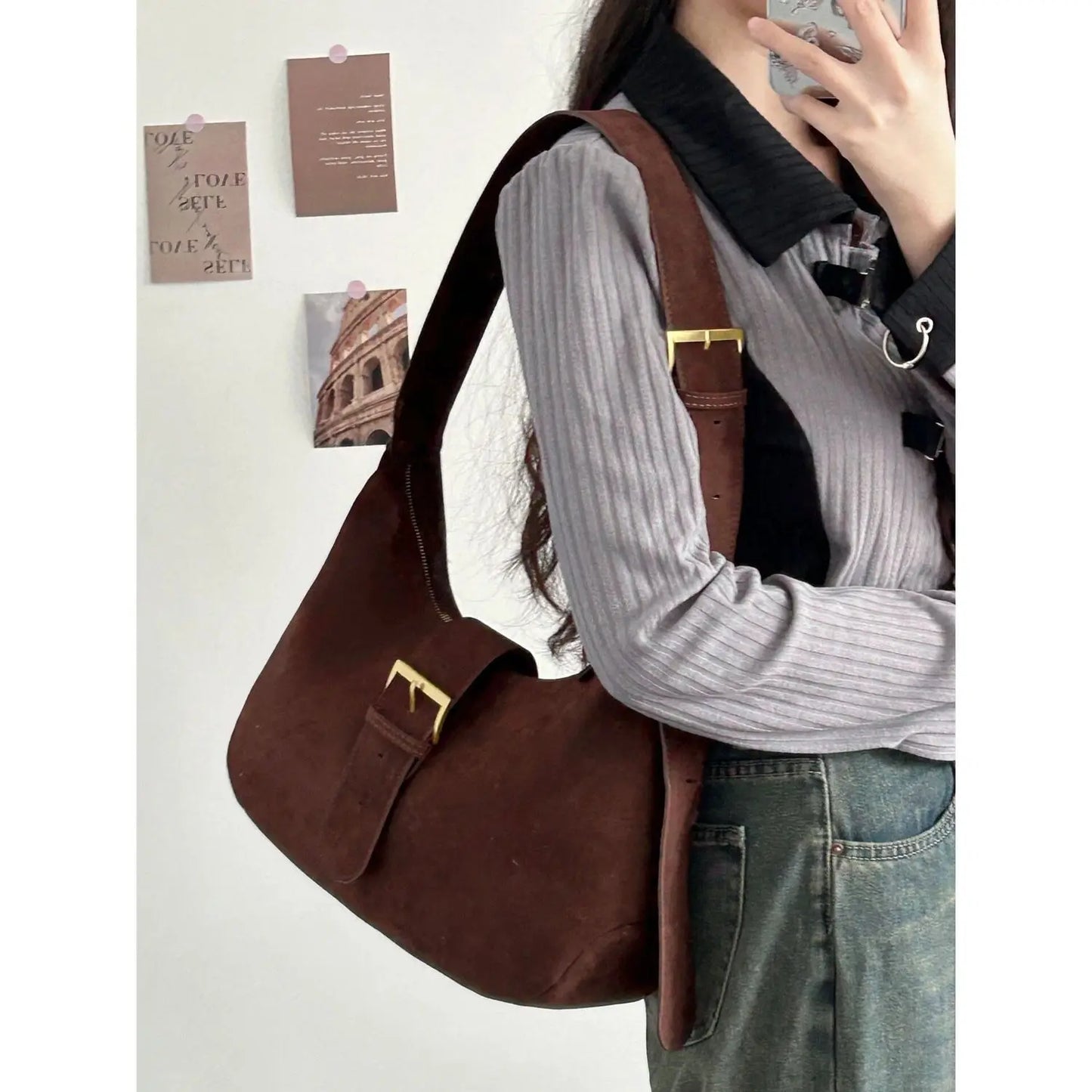 Faux Suede Women's Shoulder Crossbody Bag Matte Leather Female Underarm Bags Retro Design Ladies Large Handbags Saddle Bag Tote