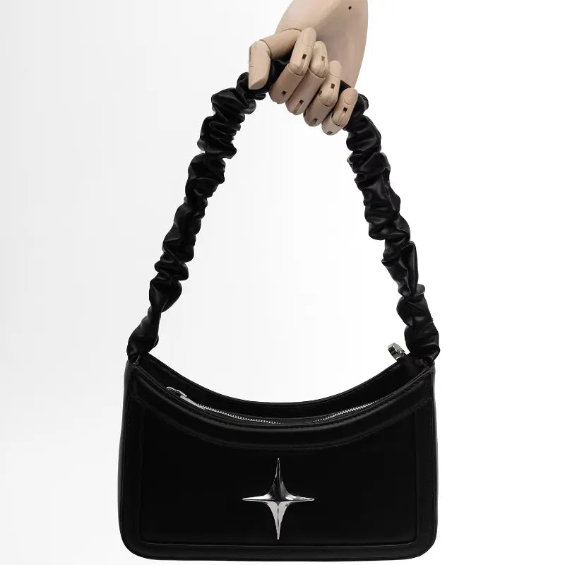 Vintage Pleated Star Black Women's Handbags Fashion Simple Trendy Shoulder Crossbody Bag Korean Y2k Girls Casual Top-Handle Bags