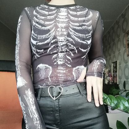 Skeleton Print Mesh Mall Gothic Women T-shirts Grunge Aesthetic See Through Sexy Crop Tops Emo Black egirl Alt Clothes