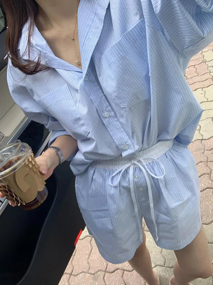 dingdamall  - Korean Fashion Striped 2 Piece Set Summer Long Sleeve Pocket Blouse+Drawstring Shorts Sets 2024 New Casual Elegant Women's Suits