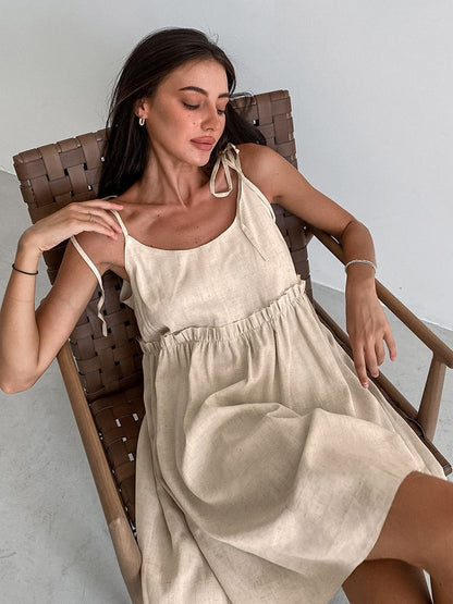 Cotton Linen Casual Dresses Lace Up Summer Vacation Spaghetti Strap Dress Oversize V-Neck Women Backless Dress