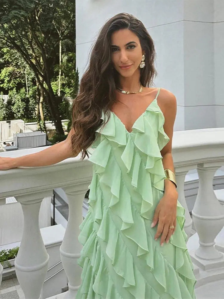 YESMYTOOL  -  Fashion Green Women Sling Maxi Dress Elegant V-neck Sleeveless Slim Dresses 2024 Summer Female Chic Beach Vacation Robes