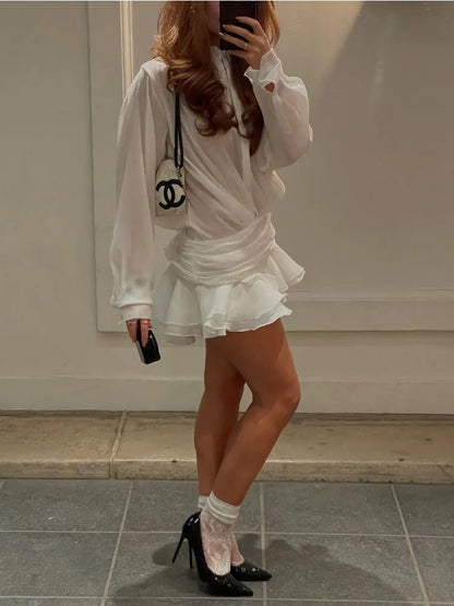 Fashion White Ruffled Mini Dress For Women Cardigan Patchwork See-Through Long Sleeve Sexy Night Club Party Dress Women's