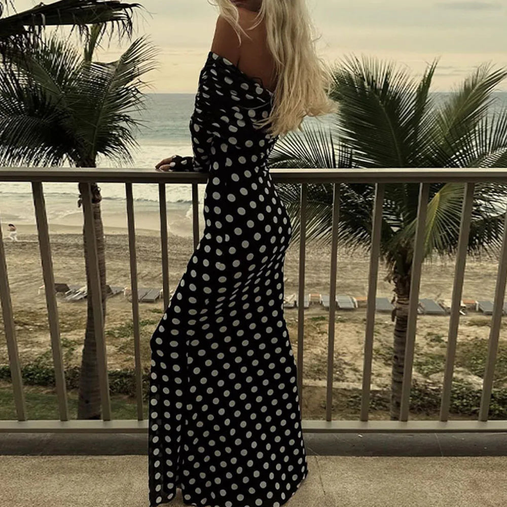 YESMYTOOL  -  Women Polka Dot Printed Off Shoulder Patchwork Maxi Dress Female Slim Fit Long Sleeves Vintage Vestidos Chic Lady Elegant Robe