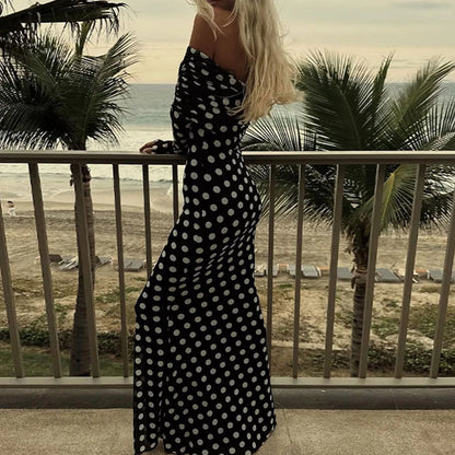 YESMYTOOL  -  Women Polka Dot Printed Off Shoulder Patchwork Maxi Dress Female Slim Fit Long Sleeves Vintage Vestidos Chic Lady Elegant Robe