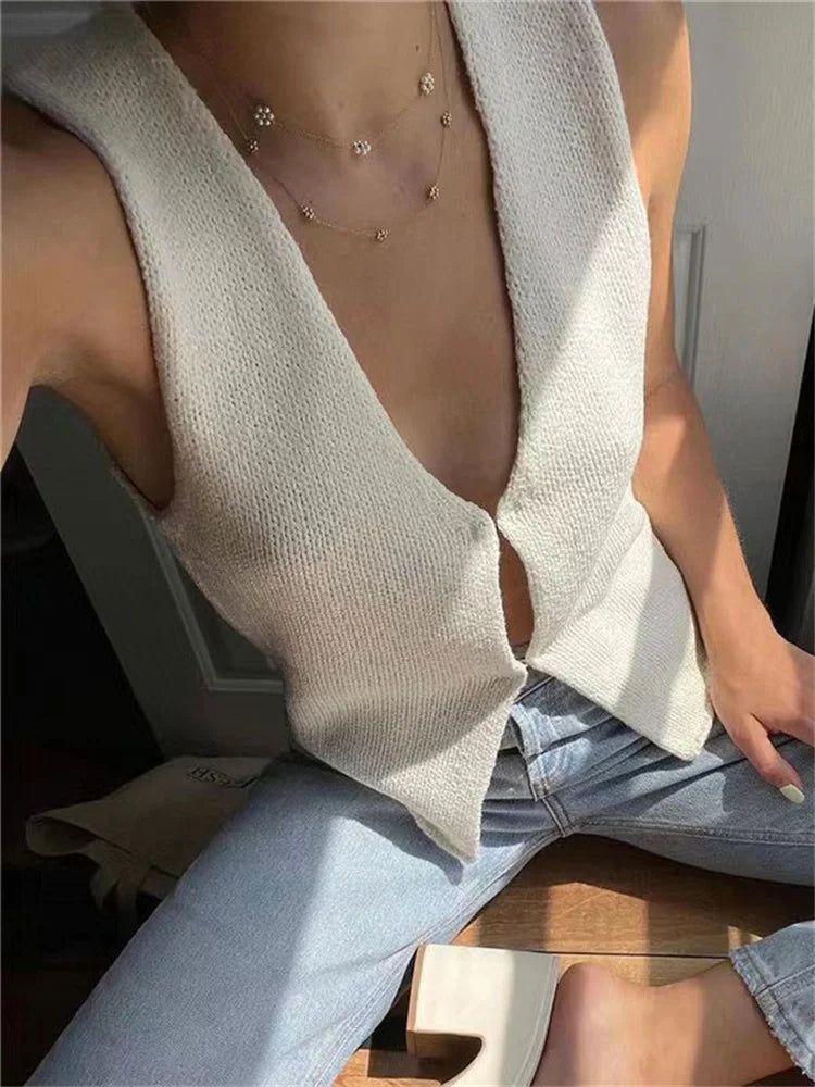 Female Hollow Out Knit Cardigan Sexy Sleeveless Baggy High Street Tank Top Summer V-Neck Slim Fashion Women Vest Y2k Top