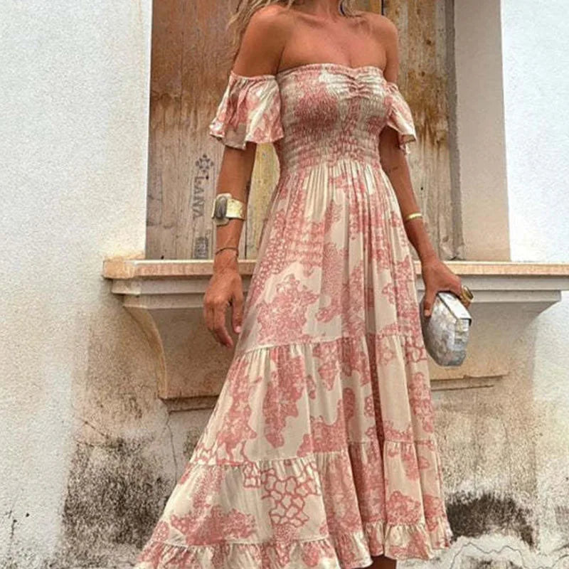 YESMYTOOL  -  New Summer Off Shoulder Slim Long Dress Elegant Floral Print Short Sleeved Dress Women Fashion High Waist Pleated Holiday Dress