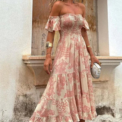 YESMYTOOL  -  New Summer Off Shoulder Slim Long Dress Elegant Floral Print Short Sleeved Dress Women Fashion High Waist Pleated Holiday Dress